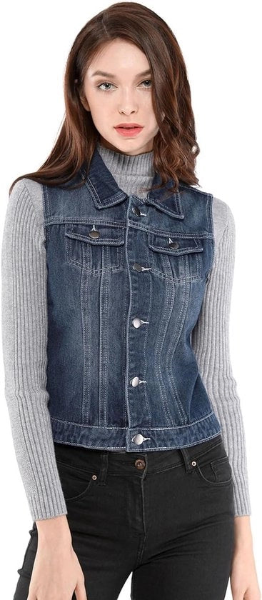 Vestito da donna in denim senza maniche con chiusura a bottone e tasche, taglia alta con collo rialzato. Materiale ecologico.