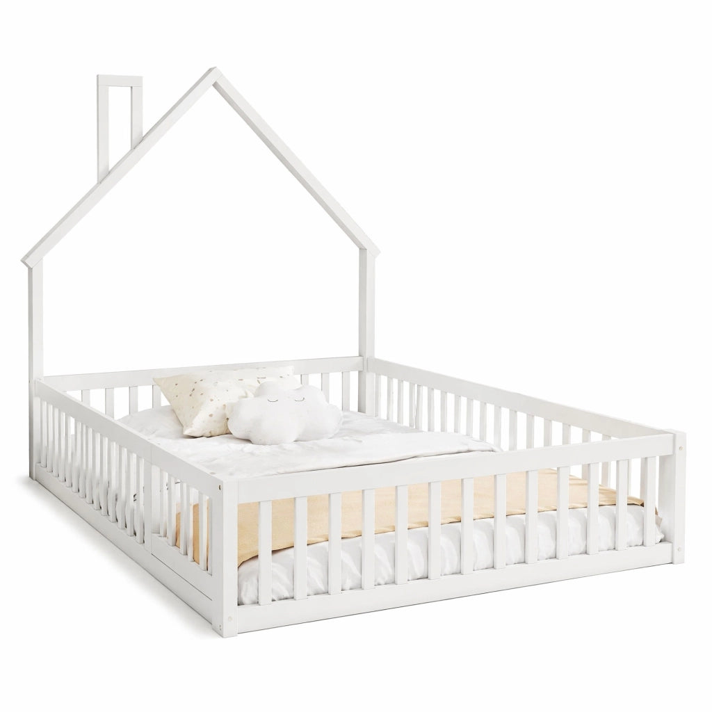 Letto per bambini 140x200 cm con forma camino; in pino e MDF; bianco/grigio