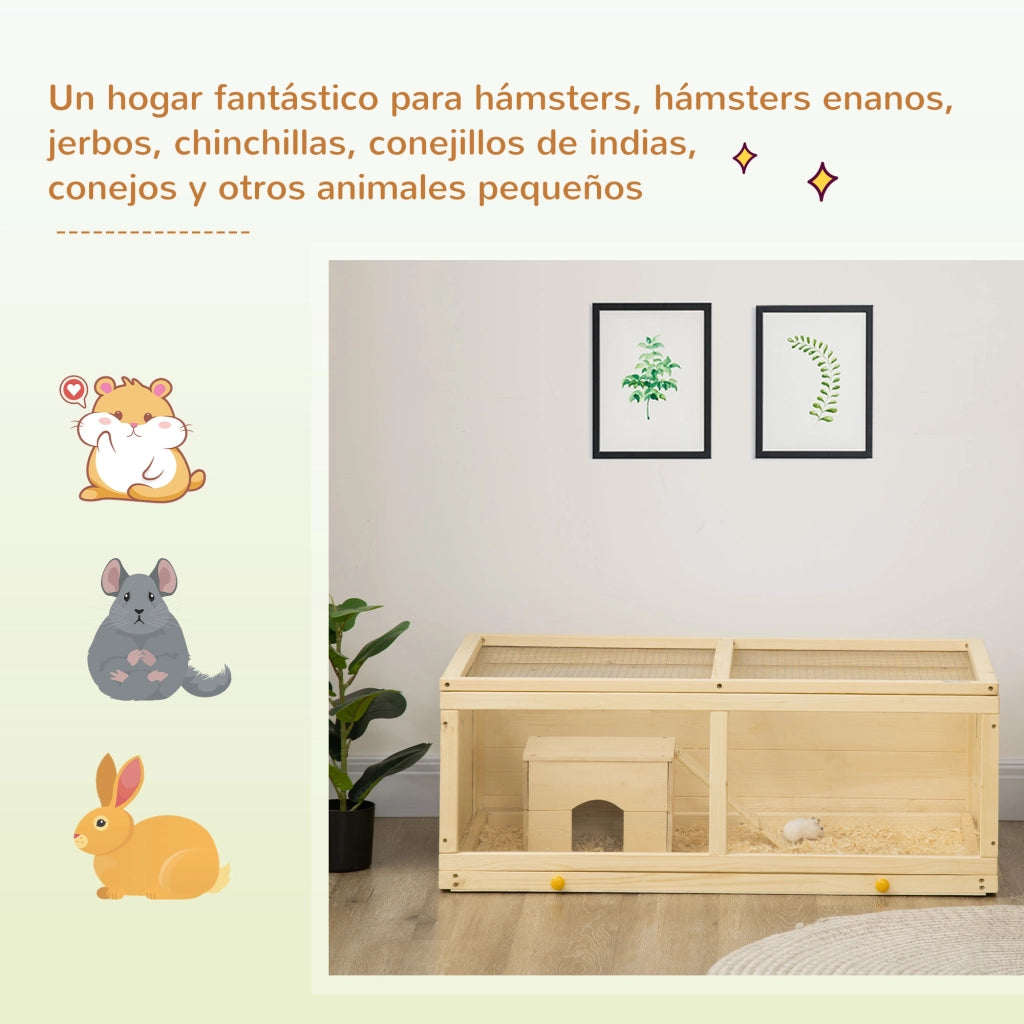 Casetta per Criceti in Legno con Tetto Apribile, Pannello in Acrilico e Cassetto Estraibile ¨C zephmum ¨C 100x58x38 cm Naturale
