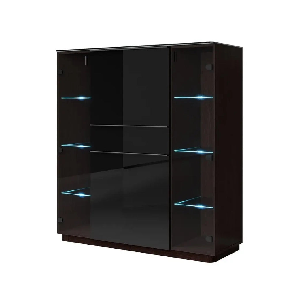 Credenza alta TONGA 123x133x44 cm con 4 porte in vetro e 1 cassetto, colore wengé