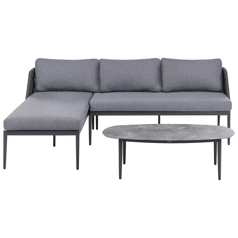 Set da salotto a 3 posti grigio con divano angolare destro in tessuto con struttura in alluminio e tavolino Elegante set da giardino Patio