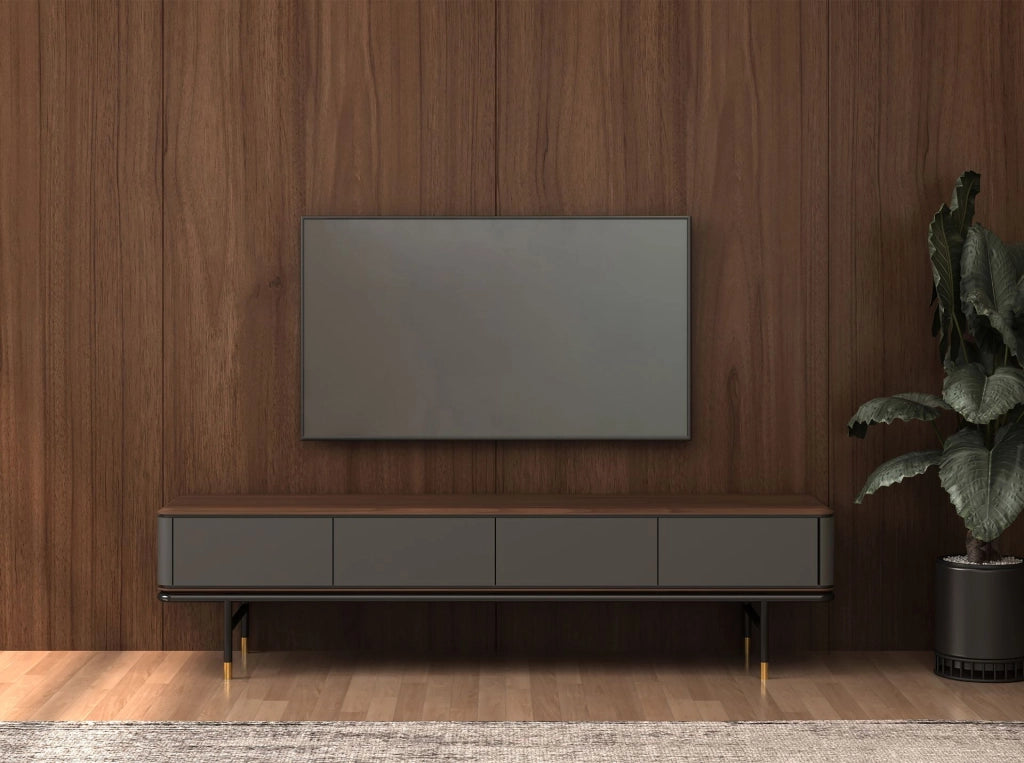 Porta TV in legno grigio scuro opaco, acciaio nero e piano in noce