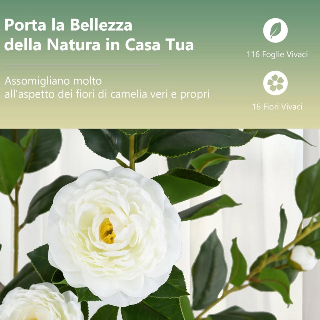 Albero di Camelia Artificiale 90 cm, Pianta Finta in Vaso con 16 Fiori Vivaci e 116 Foglie Vibranti, Pianta Decorativa per Soggiorno, Camera da Letto, Ufficio e Veranda (Bianco)