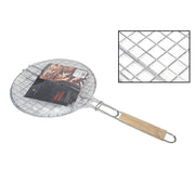 Trade Shop - Griglia Rotonda Barbecue Doppia Grill Manico Legno Grigliata Arrosto Pesce 31,5cm -