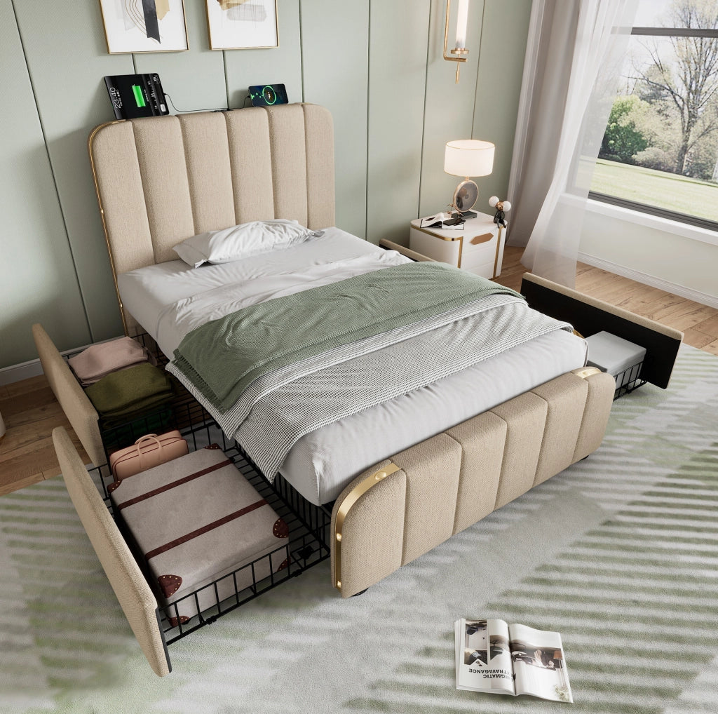 Letto singolo imbottito 90x200 cm con 4 cassetti, USB e materasso incluso