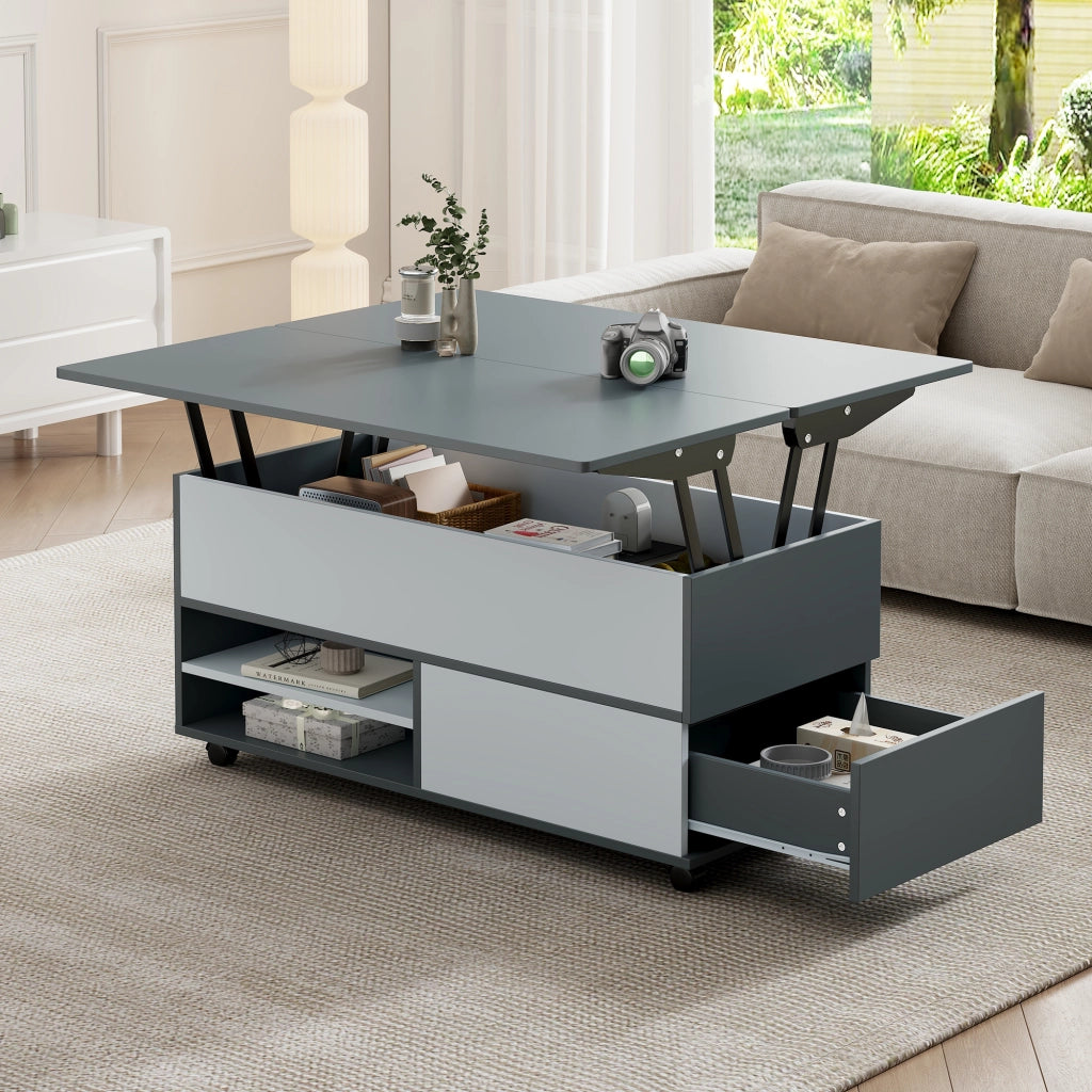 Tavolino Da Caffè Sollevabile con 1 Cassetto e 1 Armadio; Piani Idraulici; con Ruote; Stile Moderno; in Pannello Truciolare; Grigio E Bianco; 100×98×65 cm