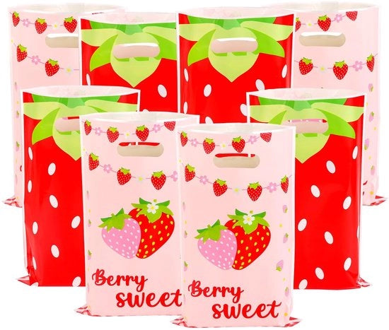 Confezioni regalo 100 pezzi - Tema fragola - 25x16 cm - Plastica - Maniglia - Buste regalo per compleanni