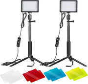 Kit di due videolampi LED a LED 5600K senza colore, dotati di treppiede regolabile e filtri di colore, adatti per riprese desktop e angoli bassi, illuminazione per zoom e videoconferenze.