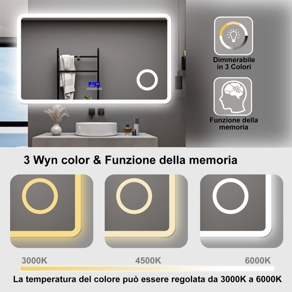 AICA Specchio da bagno  140 x 80 cm,  dimmerabile, Blue tooth,  Funzione Memoria, antiappannamento, 3 colori, Magnificatore,  orologio