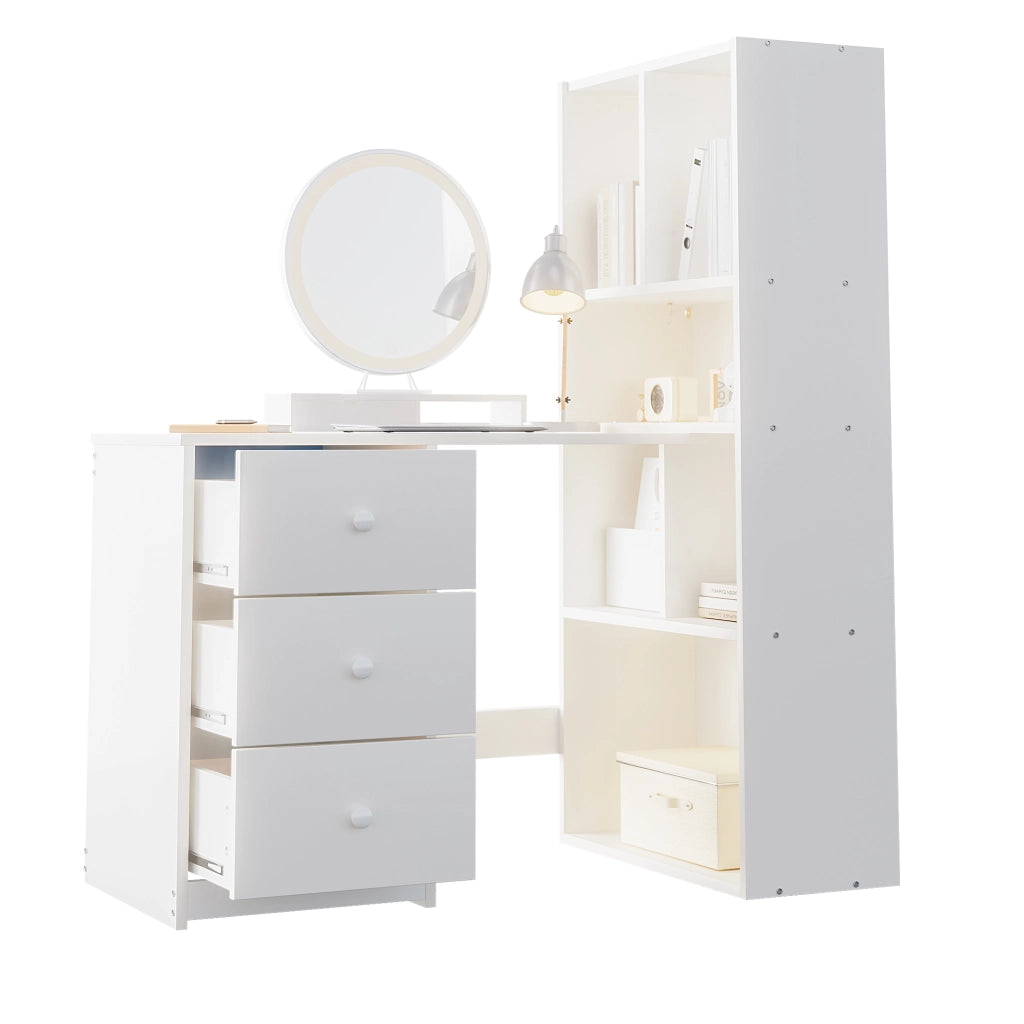 Scrivania angolare con libreria 4 ripiani e 3 cassetti per home office in legno bianco 117 × 63 × 135 cm
