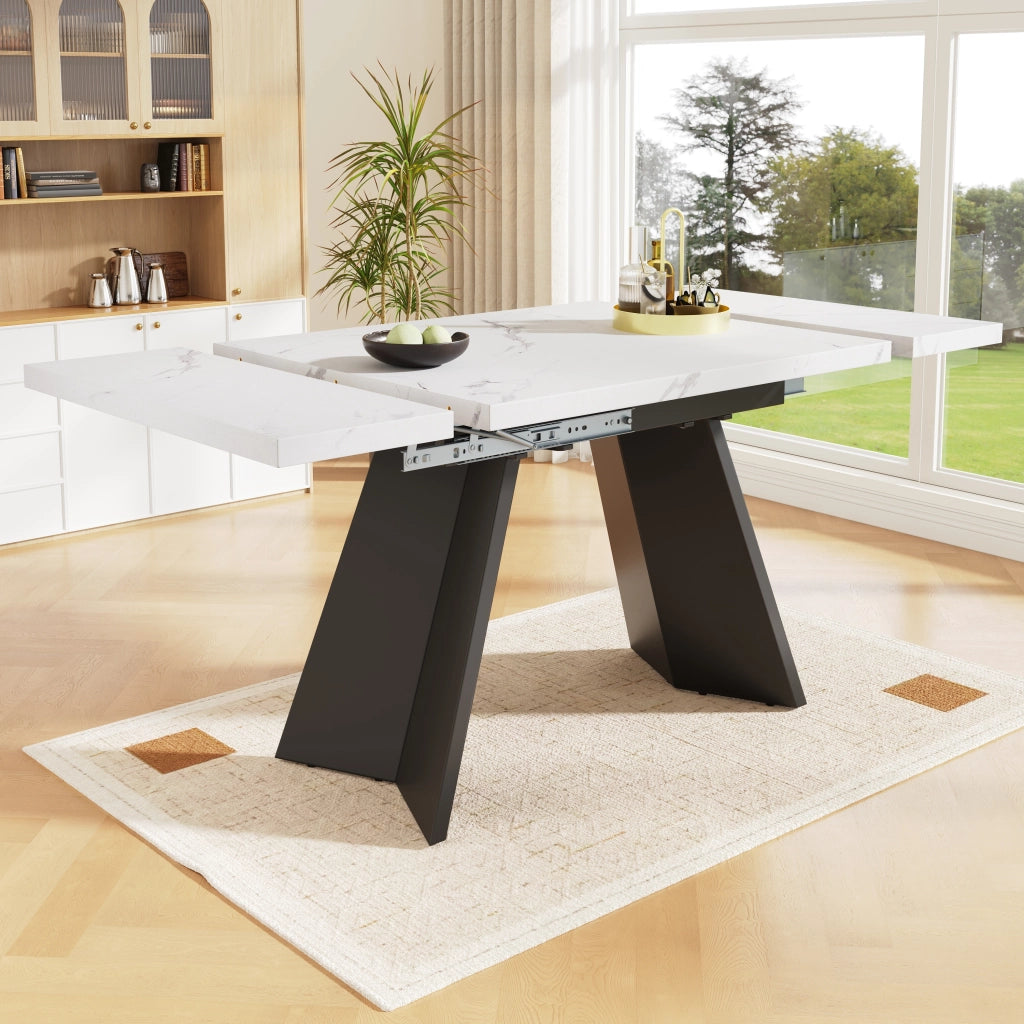 Tavolo allungabile con piano effetto marmo, in MDF e metallo, per cucina e soggiorno, bianco nero, 159 × 74 × 77 cm