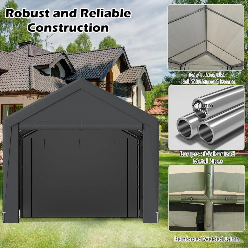 Tenda Garage Auto Esterno 300 X 595 X 280 CM, Tettoia per Auto con Telaio in Metallo e Copertura in PE Resistente alle Intemperie, Capanno da Giardino per Vehicolo, Biciclette, Moto, Attrezzi