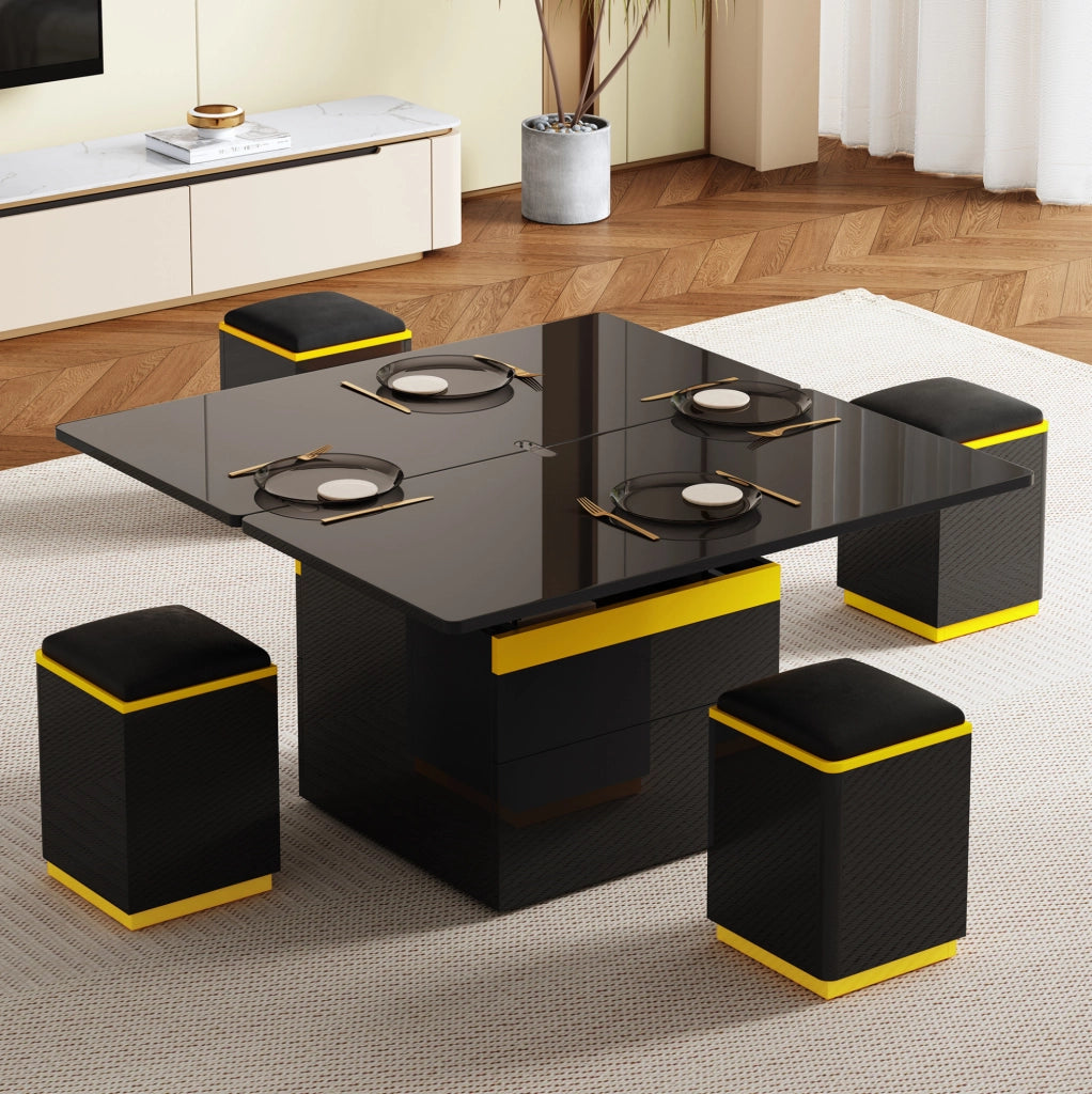Tavolino da caffè multifunzionale sollevabile e pieghevole 100 x 50 x 43 cm; nero e giallo
