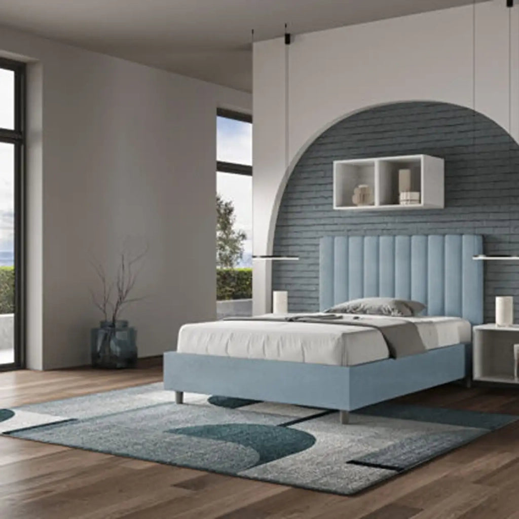 Letto una piazza e mezza con rete imbottito 120x190 microfibra azzurro Agueda