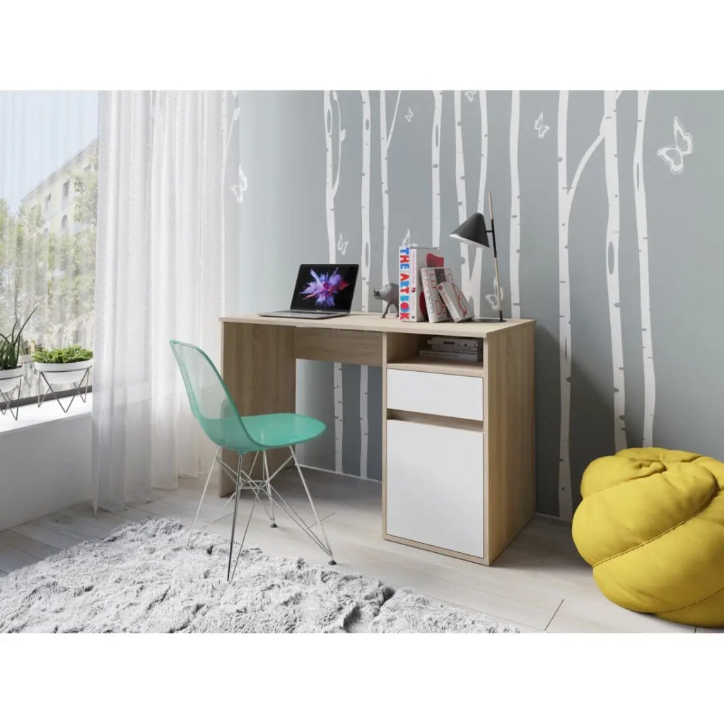 Scrivania BILOU in rovere e bianco - 1 cassetto, 1 porta e 2 nicchie - Design bicolore e spazi di stoccaggio pratici