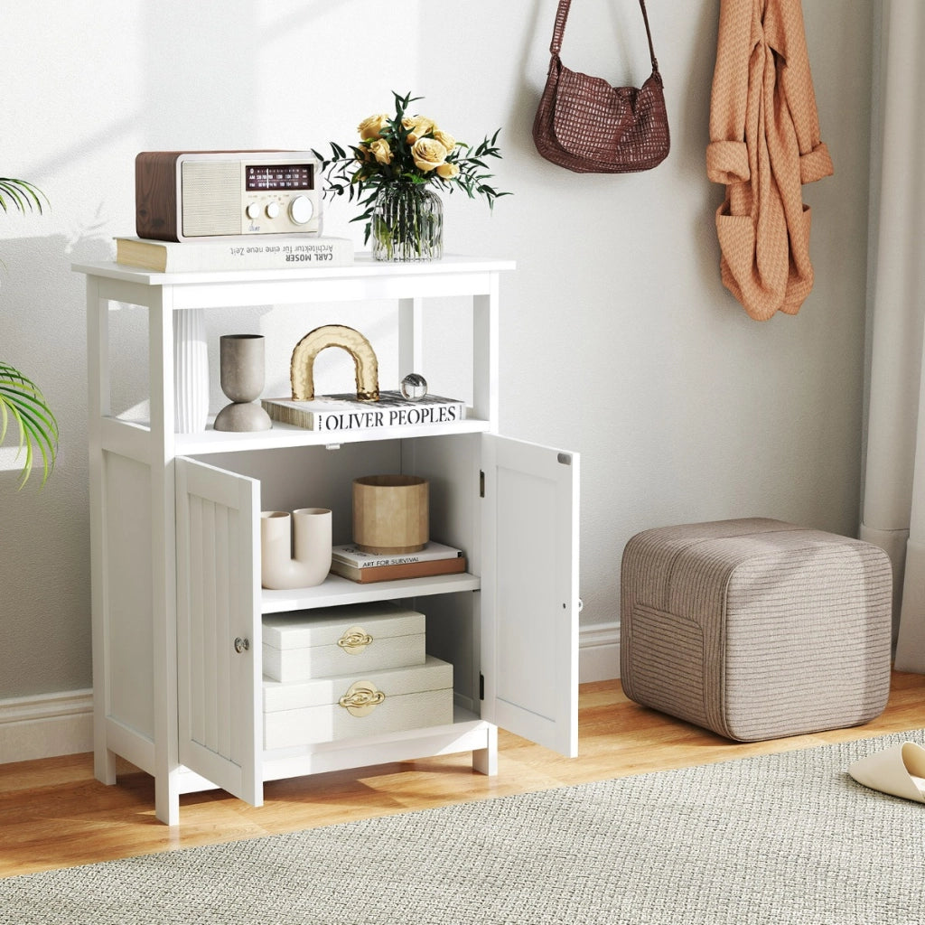 Armadio da pavimento per bagno con scomparto aperto, Organizzatore di stoccaggio con 2 porte e ripiano regolabile Bianco-Armadietti da bagno