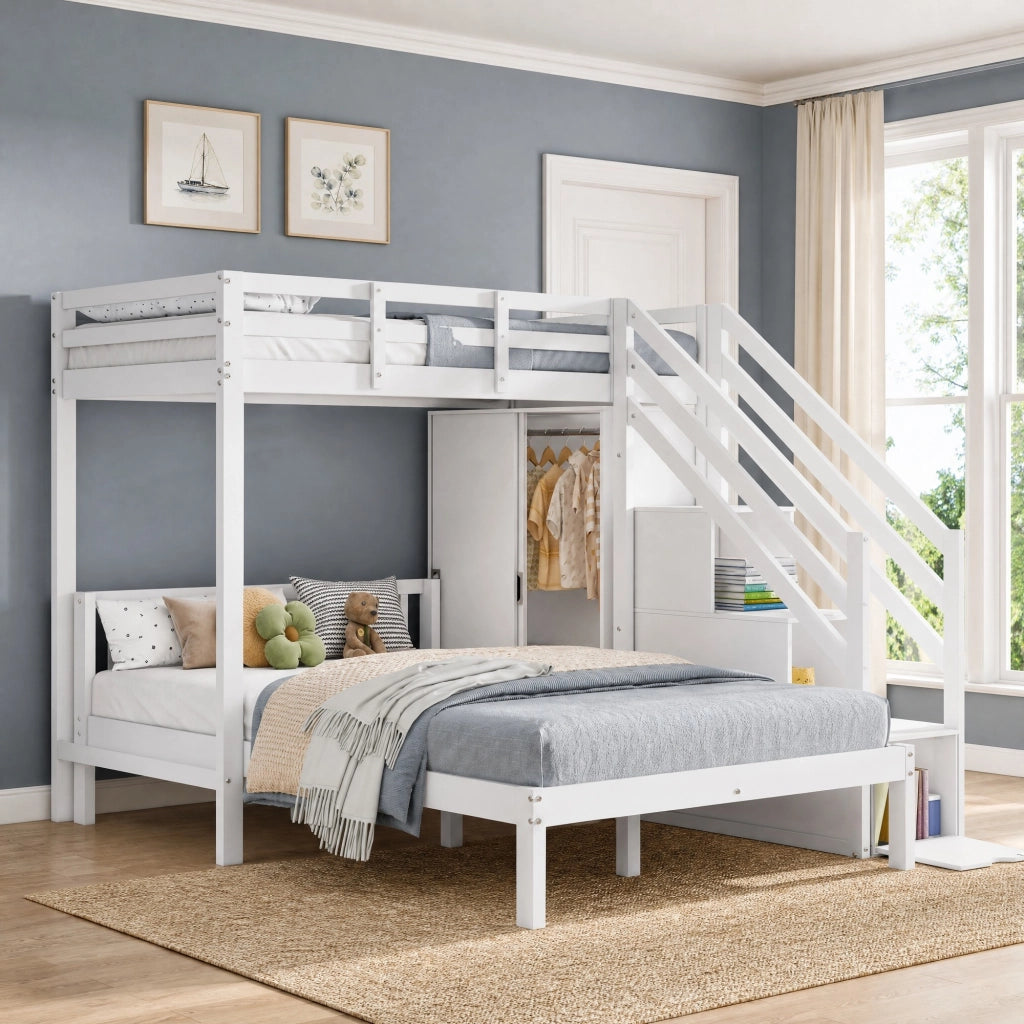 Letto a castello 90 × 200 cm e 140 × 200 cm con armadio, scala contenitore e sponde, senza materasso, bianco