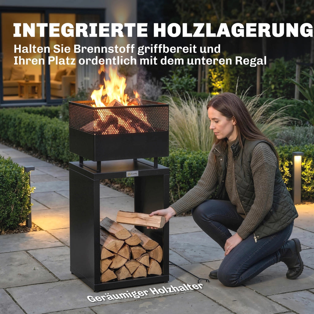 Braciere con Griglia e Deposito Legna 39x39x87 cm ¨C zephmum ¨C Nero