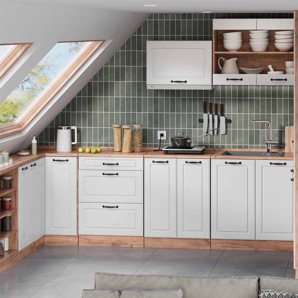 Mobile cucina sottotetto R-Line Bianco rustico/Rovere dorato 60 cm senza inclinazione con 2 ante Vicco
