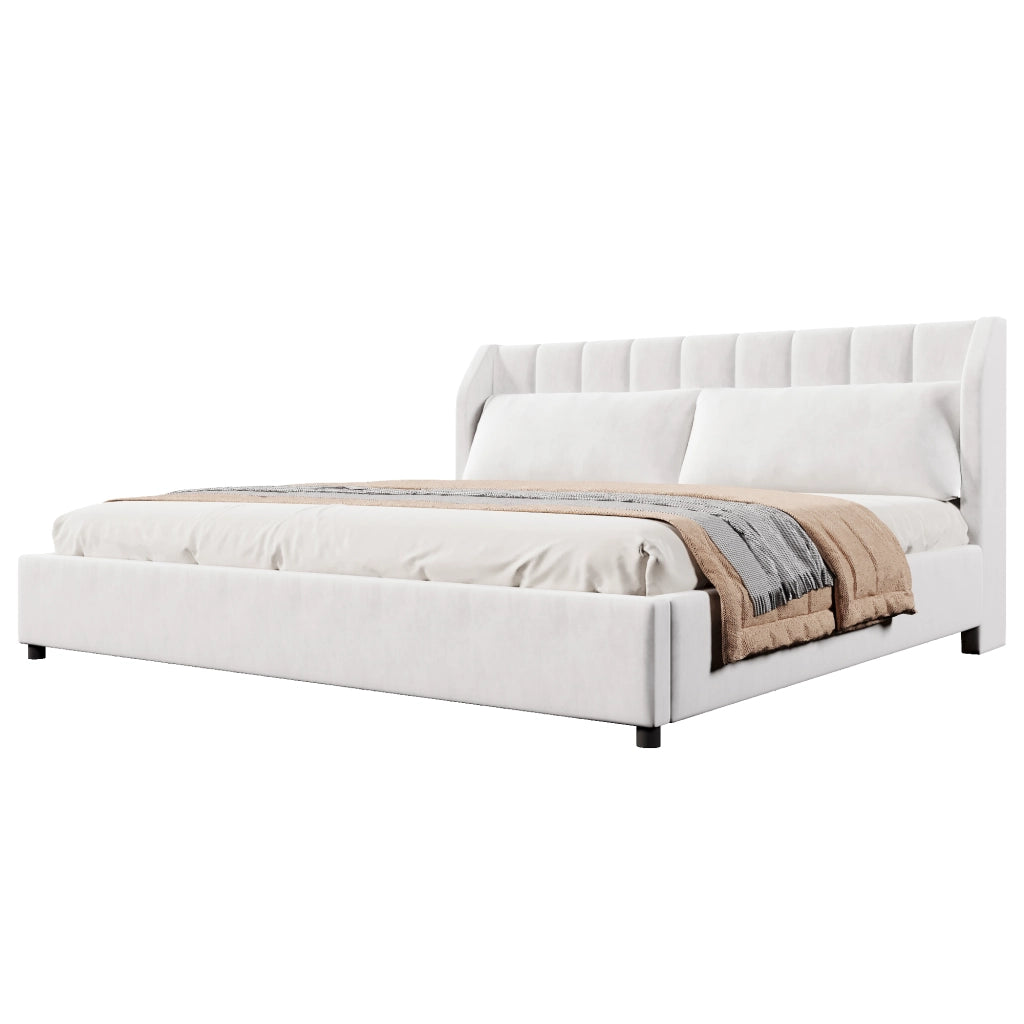 Letto matrimoniale imbottito 180x200 cm in stile francese con testiera capitonné; rete a doghe e velluto beige