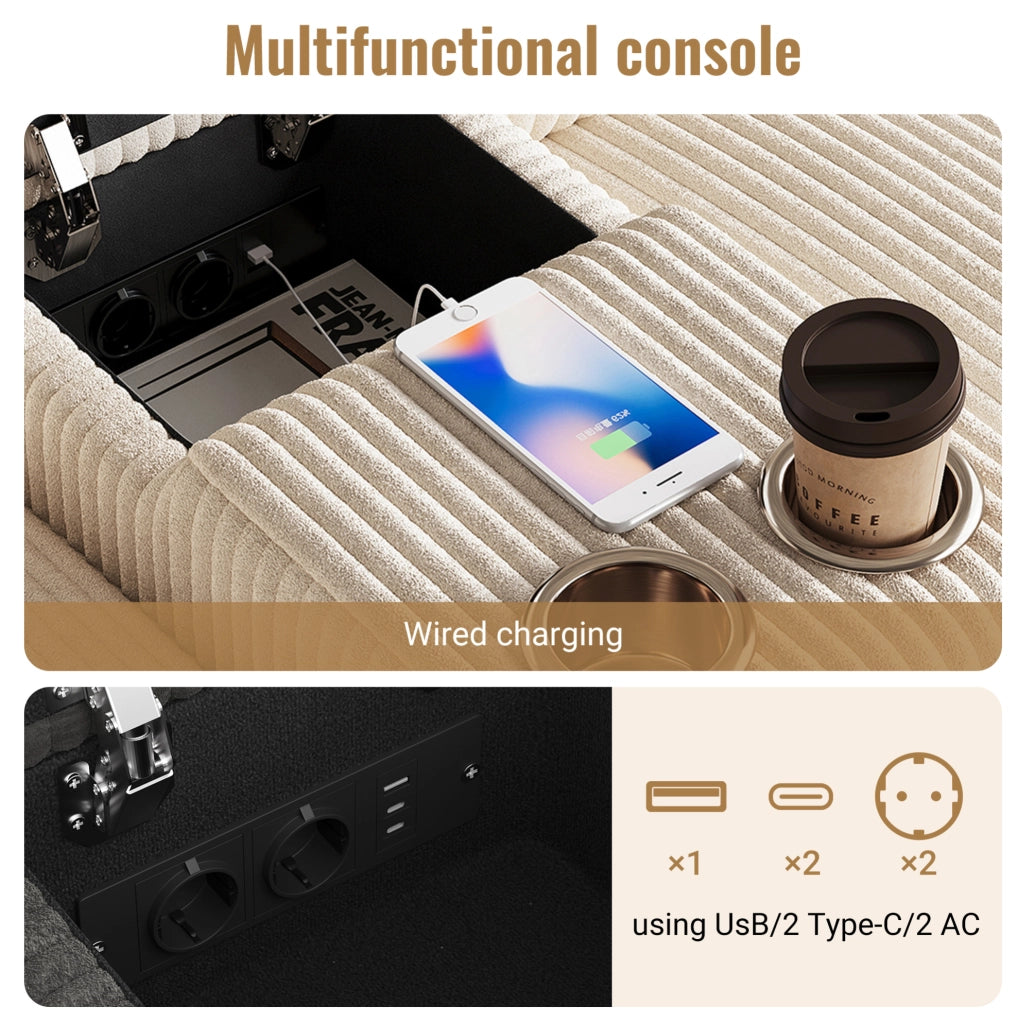 Divano a U ULEVR 315x135 cm in velluto a coste beige con 2 pouf contenitore, tavolino, prese USB e Type-C
