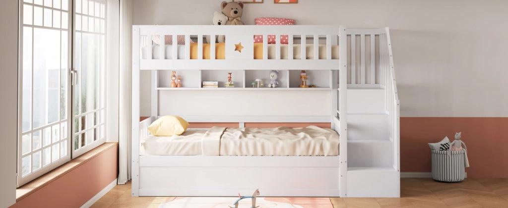 DESMIU Letto a castello 90 × 200 cm 1 posto con mensole, scala contenitore e letto idraulico, senza materasso, bianco