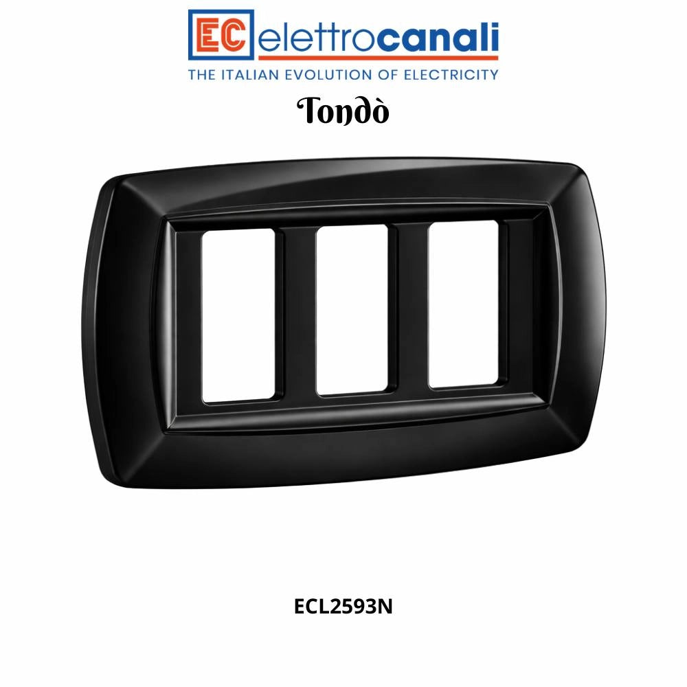 Placca elettrocanali tondò nera in tecnopolimero per installazione elettrica *** numero posti 3 posti, confezione 1