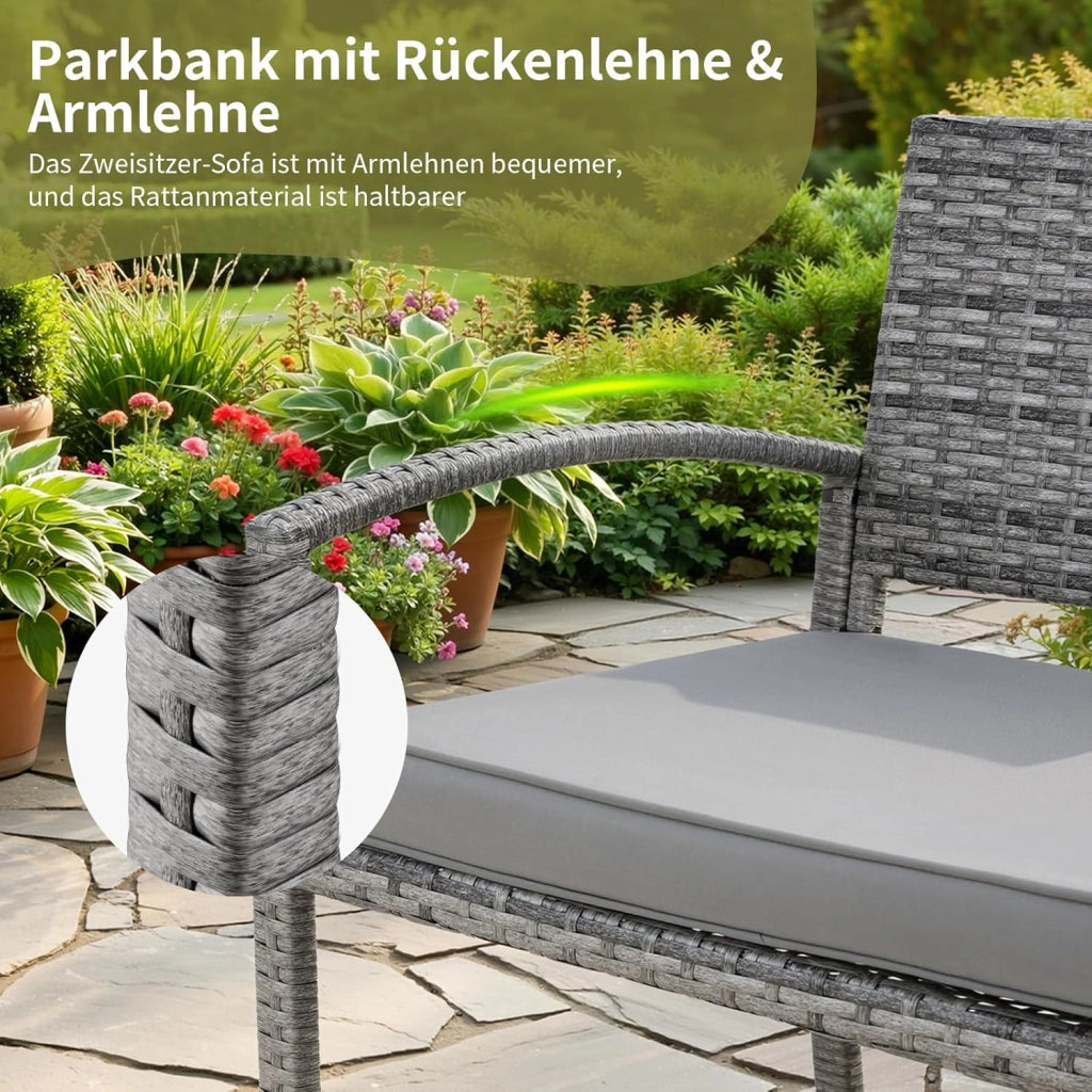 Panca da giardino, resistente alle intemperie, con cuscino, 2 posti, in polyrattan, portata 320 kg, accogliente mobili da giardino per esterni, 122 x 60 x 90 cm, per balconi, giardini