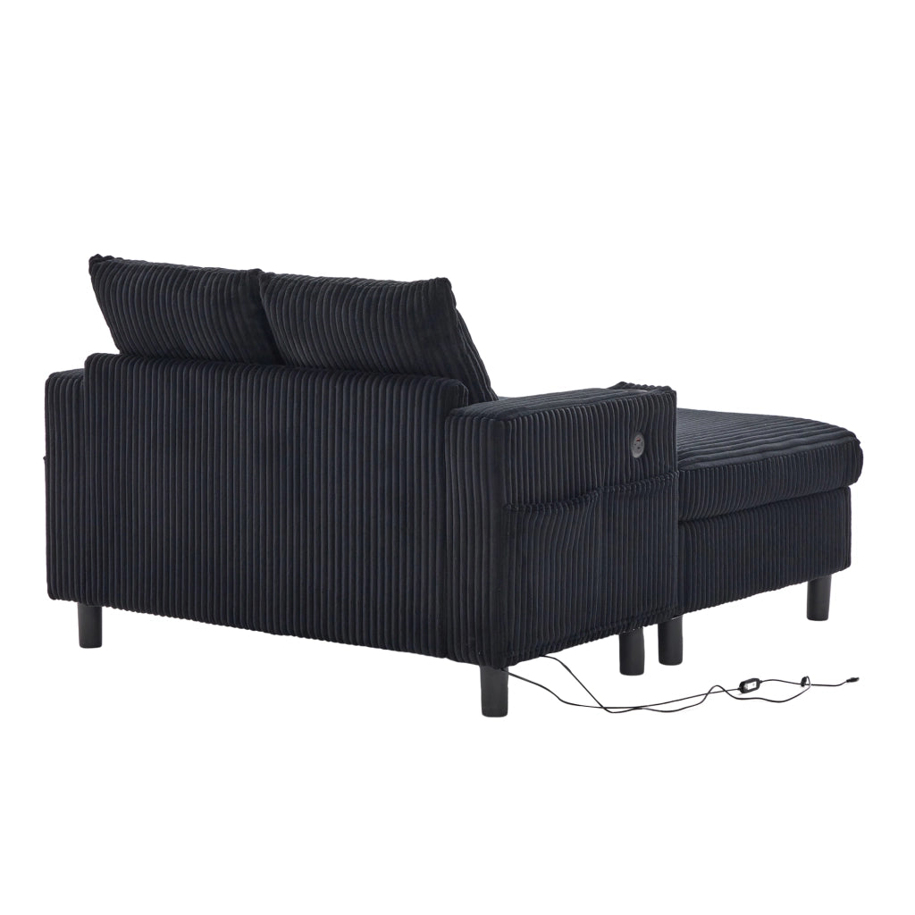 Poltrona relax chaise longue in corduroy nera con LED, USB e portabicchieri 142x128x85 cm