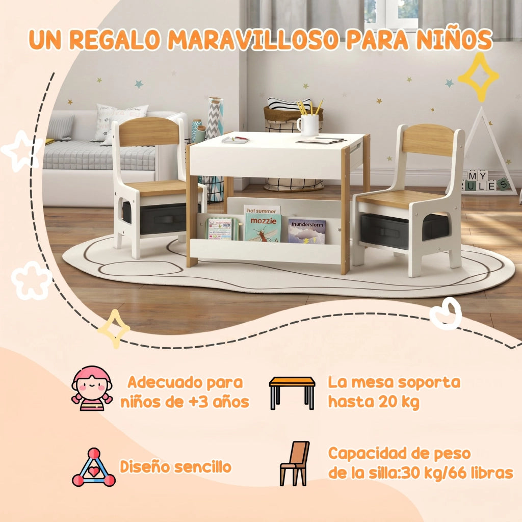 Set Tavolo e Sedie Bambini 3in1 ¨C Xylo ¨C Bianco Legno Naturale con Lavagna Cassetti