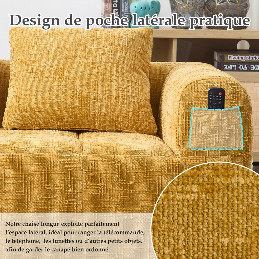 OKWISH Divano 2 Posti, Seduta Morbida con Tasche Laterali e Cuscino Incluso, Stile Chaise Longue, Ciniglia, Giallo