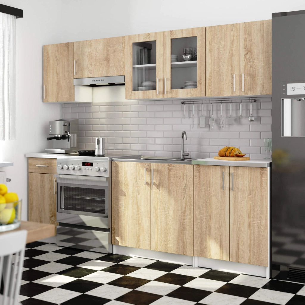 Set da cucina con vetrina AKORD LIMA 2,4 m Bianco 240 cm 11 ante 1 cassetto frontale Rovere Sonoma 240×44,5×203 cm