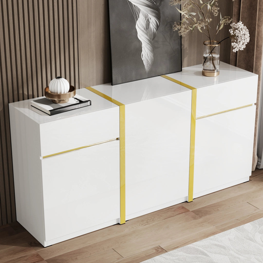 Credenza Moderna ¨C Xylo ¨C Bianco Lucido, 3 Ante, 2 Cassetti