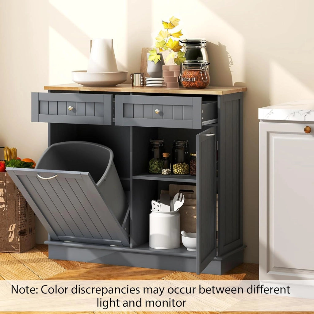 Credenza Cucina con Supporto per Bidoni della Spazzatura 42 L, Mobile Dimpensa Portaoggetti con 2 Cassetti e Ripiano Regolabile, per Sala da Pranzo, Soggiorno, 100 x 35 x 90,5 cm (Grigio)