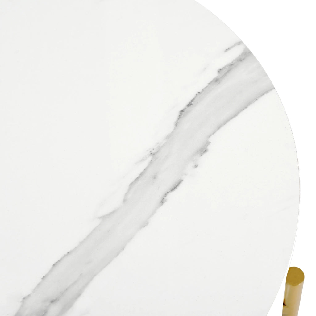 Tavolino d’Appoggio Rotondo con 2 Cassetti; Piedini Regolabili; Effetto Marmo e Dettagli Dorati; in MDF; Bianco; Ø50×51 cm