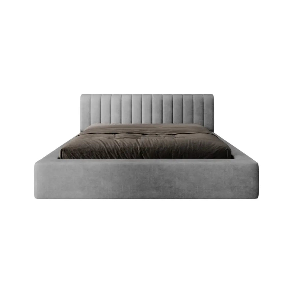 Lettino contenitore CERVIN - Velluto morbido Perla di cemento - 140x200 cm - Rete sollevabile - Design contemporaneo