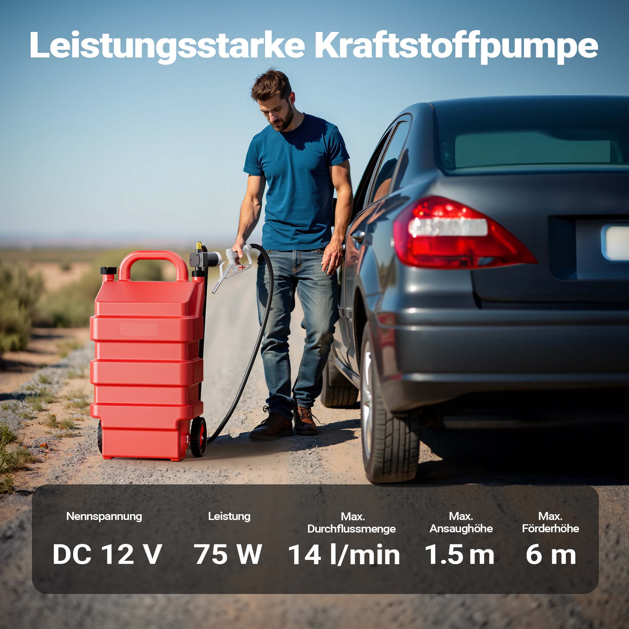 Serbatoio per trasporto gasolio e benzina da 60 l con pompa 75W da 14 l/min, serbatoio carburante portatile, contenitore mobile per carburante