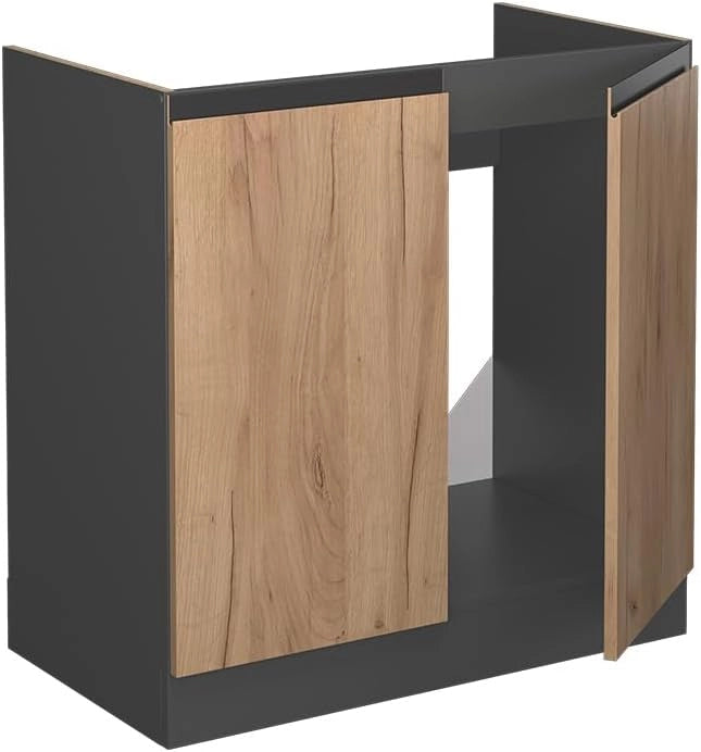 Mobiletto base per cucina R-Line, Quercia dorata, 80 cm Forma a J, senza piano di lavoro, per la libera combinazione all'interno di sistemi cucina modulari