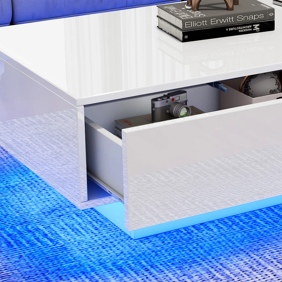 Tavolino da caffè rettangolare con 2 cassetti e LED, stile moderno, in truciolare, bianco, 115 × 55 × 34 cm