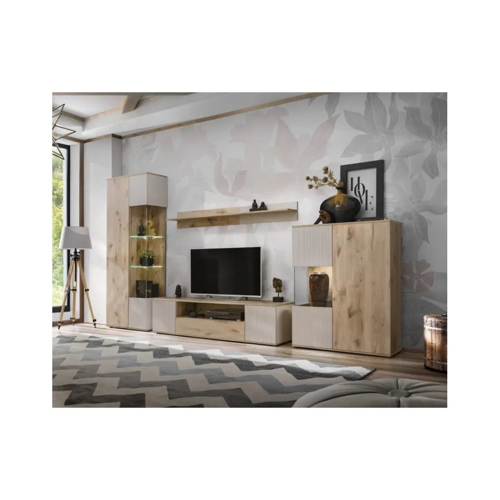Buffet alto ERINA – 2 porte – Rovere chiaro e Beige – 90 cm