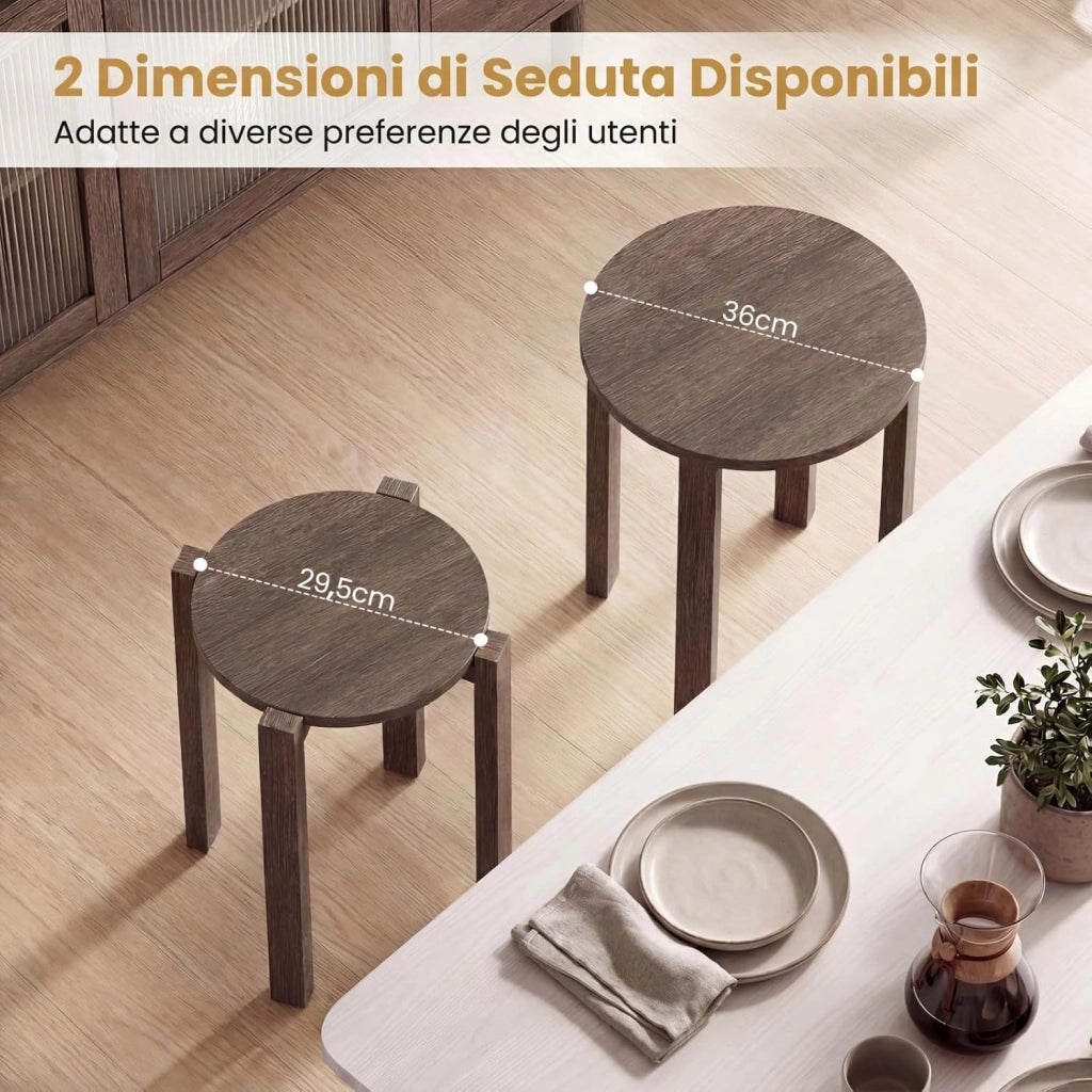Set di 4 Sgabelli Impilabili 4 in 1, Sgabelli in Legno con Portavaso con Rotelle, 2 Grandi Ø36 cm e 2 Piccoli Ø35 cm, Tavolino Laterale Rotondo per Soggiorno e Camera da Letto (Marrone)