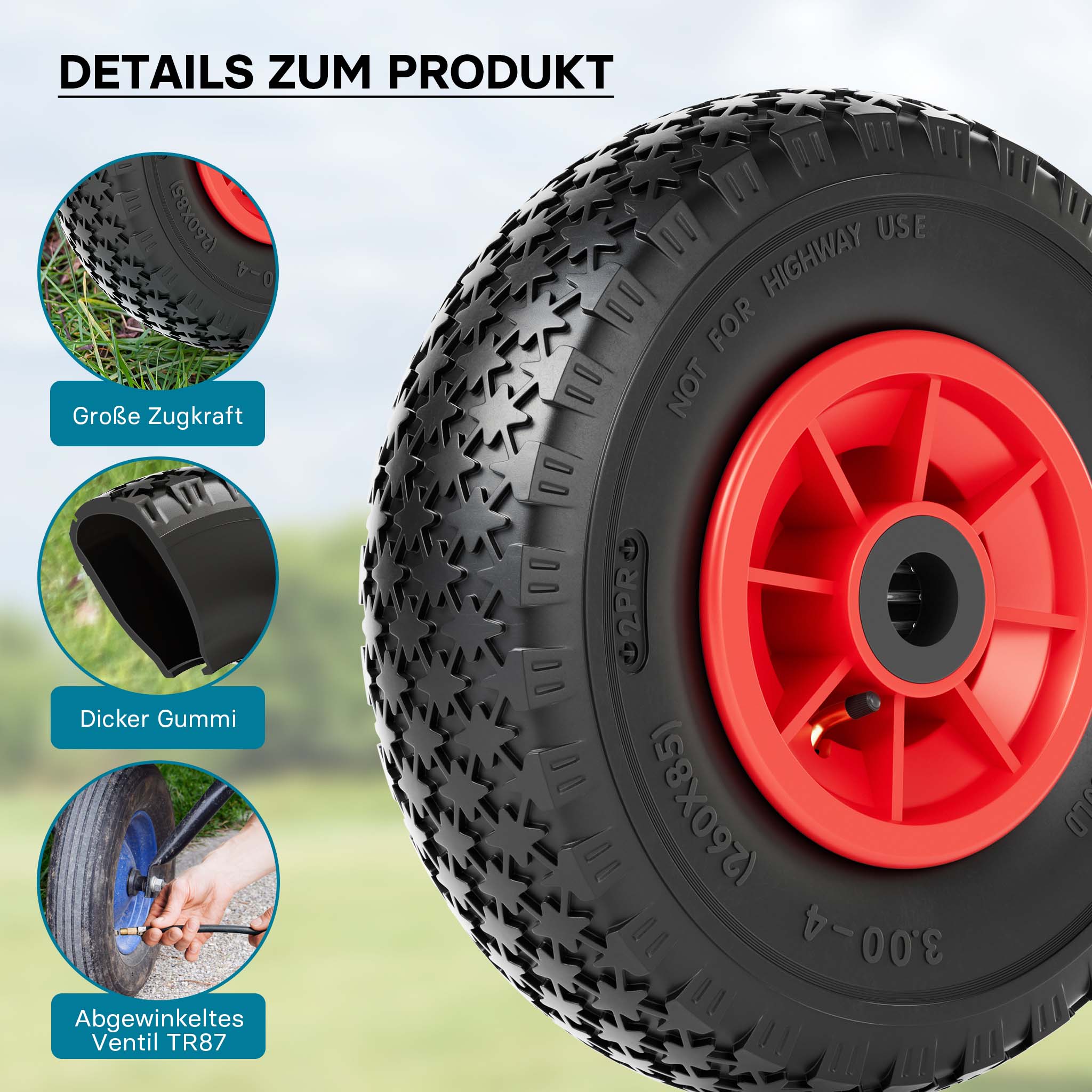 Set 4 ruote complete 3.00-4 HT2046 per carrelli a mano carriole portasacchi