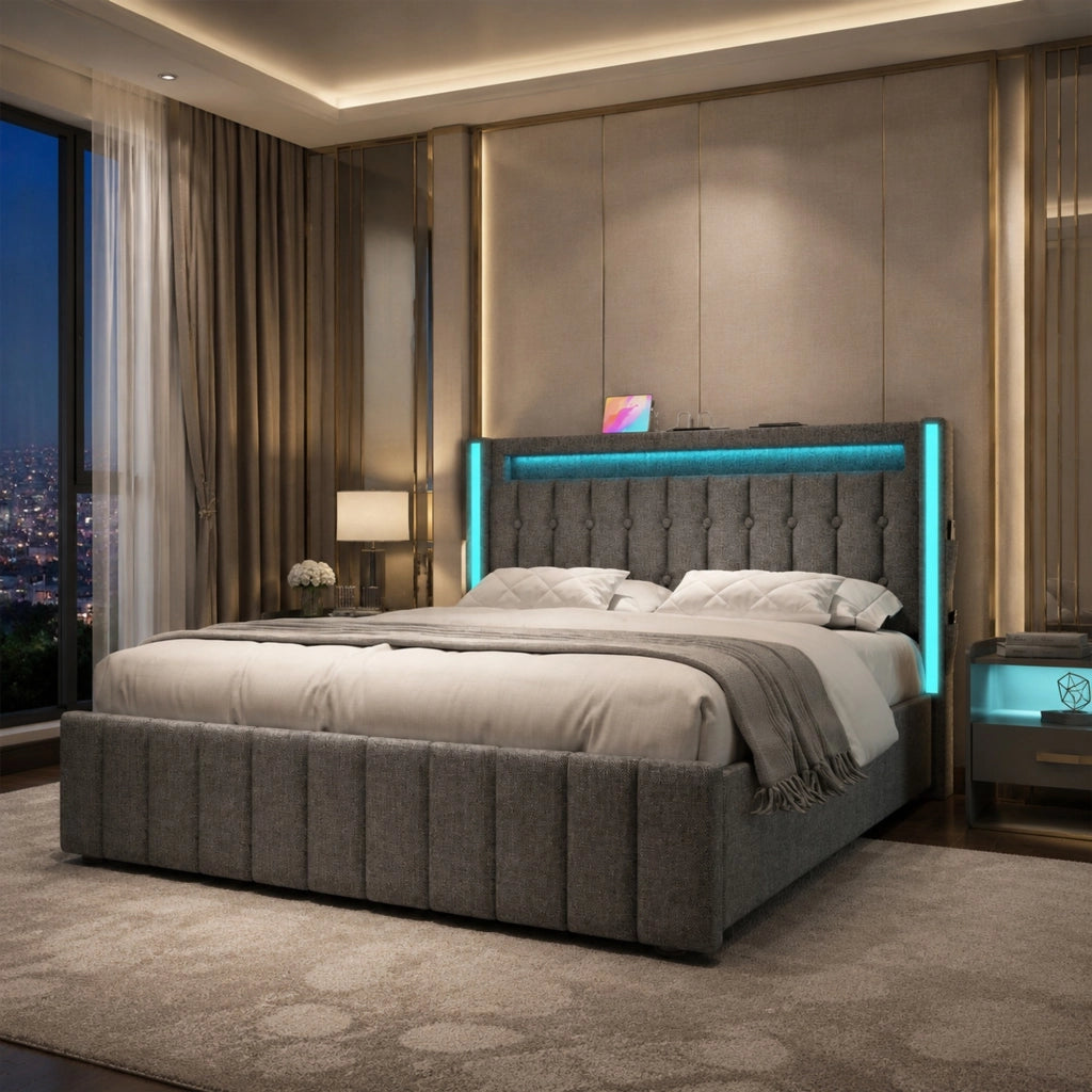 Letto imbottito ULEVR 160x200 cm con 4 cassetti, LED e ricarica USB/Type-C, grigio