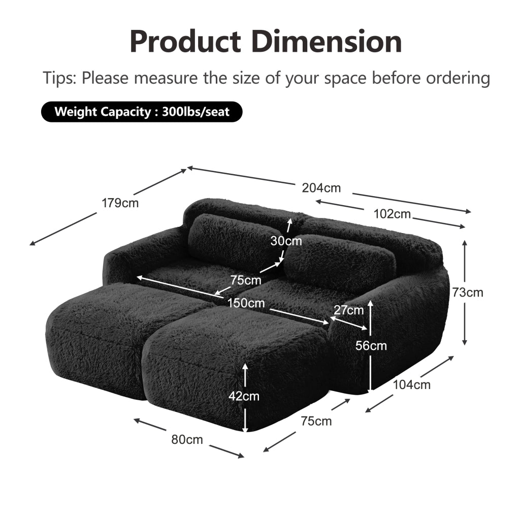 Divano Modulare 2 Posti con 2 Pouf; senza Montaggio; in Peluche; Nero