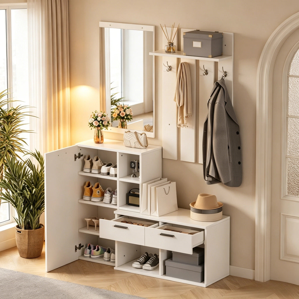 Garderoba da ingresso bianca con specchio, scarpiera, 2 cassetti e 4 ganci, 120x35x175,5 cm