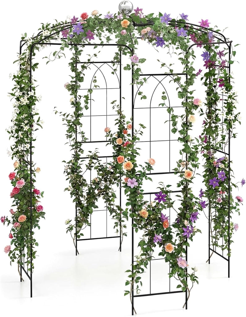 Traliccio ad Arco in Metallo Zincato per Piante Rampicanti, Gazebo a Forma di Gabbia per Uccelli con Gancio e Paletti, Pergola da Giardino per Cerimonie, 198 x 284 cm, Nero