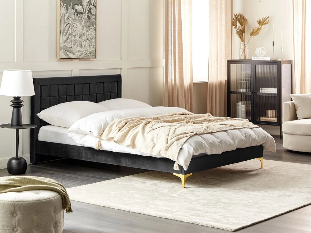 Letto Imbottito Matrimoniale 140 x 200 cm Nero Velluto Gambe Dorate