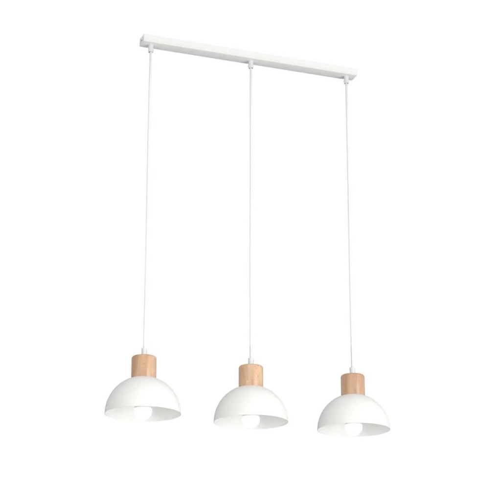 Sospensione Nordica 3 Luci Thoth In Acciaio Bianco A Cupola E Legno Naturale
