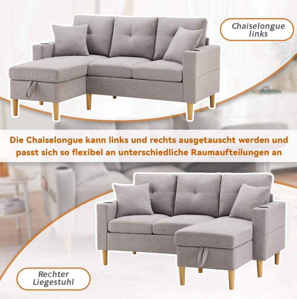 Divano angolare 3 posti con chaise longue e contenitore grigio