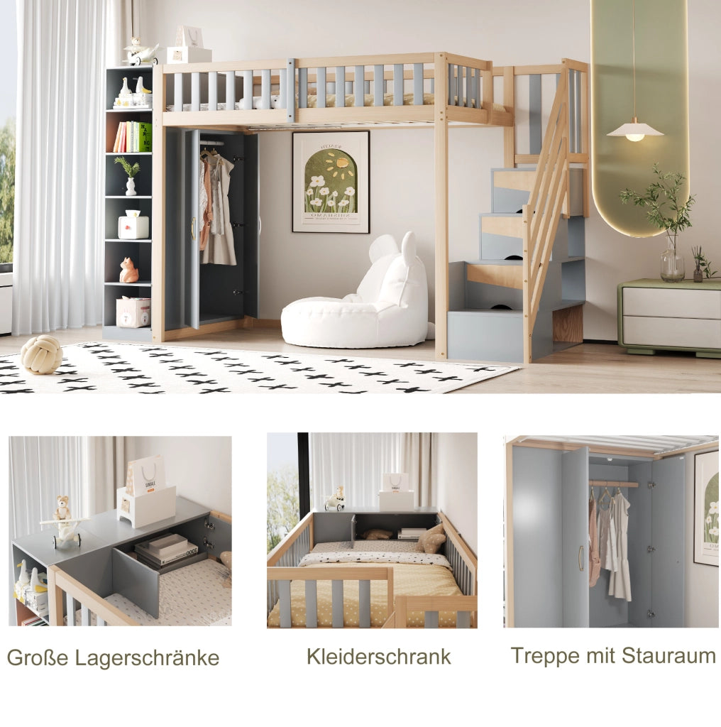 Letto a soppalco 90x200 cm con armadio e scale, grigio